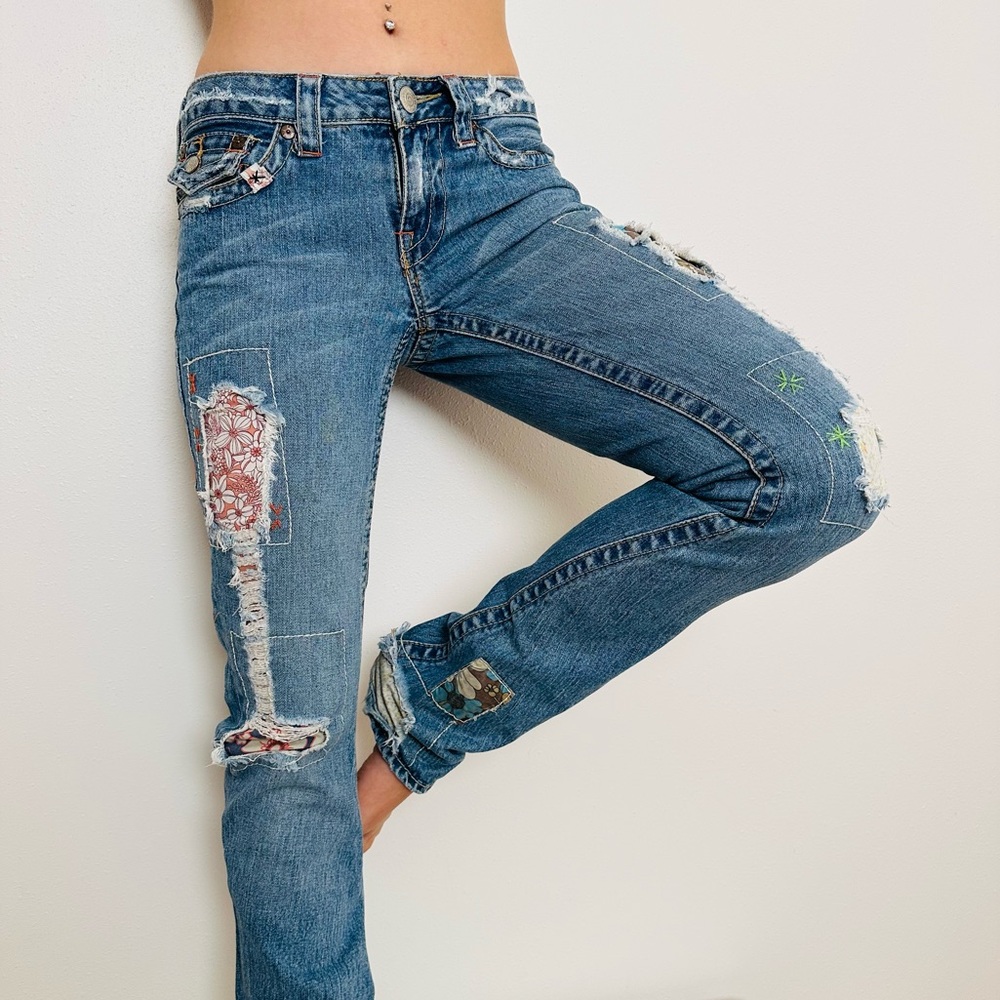 True Religion Low Rise Vintage Boho Patchwork Skinny Distressed Blue Jeans - Picture 5 of 16